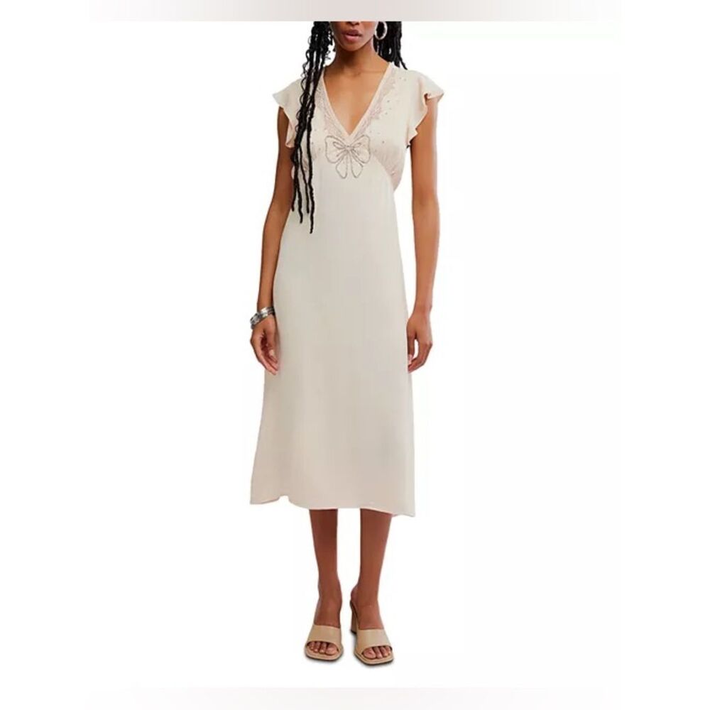 Free People Tied With Joy Midi Dress Neutral Lace-Trim Camisole size XL - Picture 4 of 11